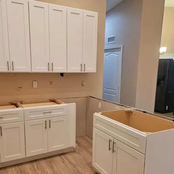 Base cabinets set for the peninsula, before the countertop